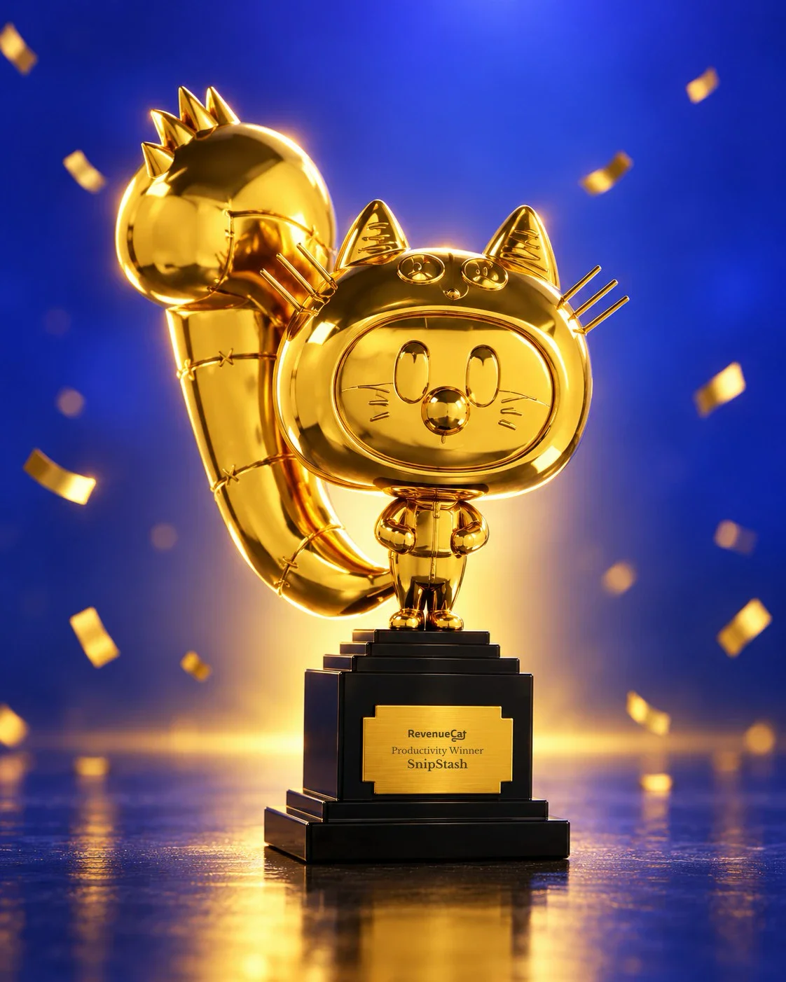 Gold RevenueCat trophy. The plaque reads: RevenueCat, Productivity Winner, SnipStash.